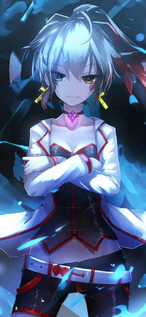 銀髮且雙眸顏色不同的動漫少女，身穿發光未來風格服裝。