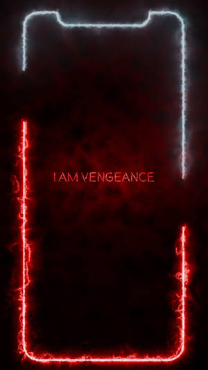 一個智能手機輪廓，閃爍著紅色和白色閃電，帶有文字 I AM VENGEANCE。 — iPhone 12 Pro GIF 壁紙