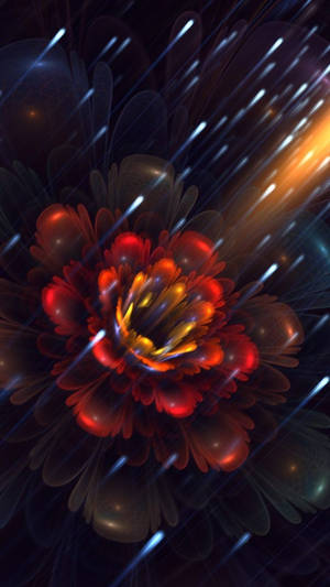 一朵發光的紅色碎形花朵在黑暗的宇宙場景中散發光芒，伴隨著光跡。