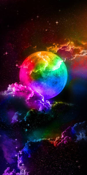 一顆色彩繽紛的行星，被發光的雲層和星星環繞在宇宙天空中。