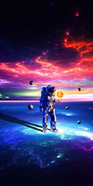 太空人在發光的外星行星上手持太陽球，在色彩繽紛的宇宙天空下。