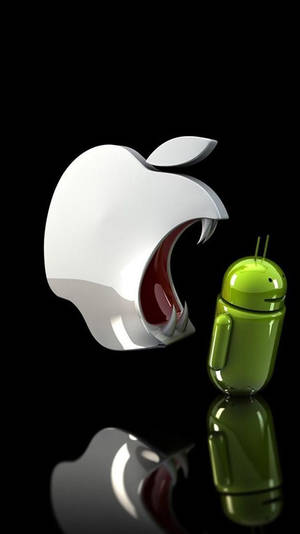 有光澤的Apple標誌在黑色反光表面上咬住綠色Android機械人。