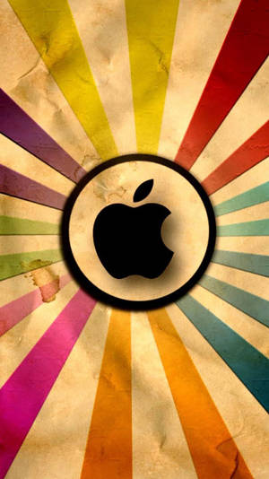 Apple標誌在彩色太陽爆發背景上，帶有復古紙張紋理。
