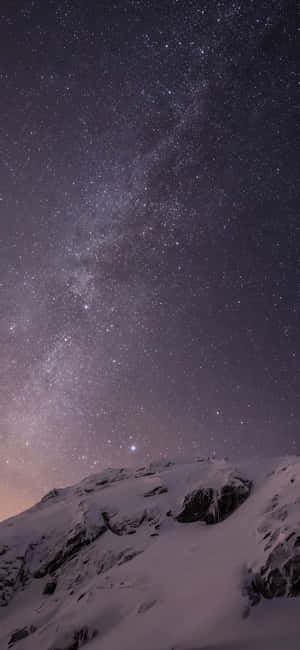 積雪的山脈在繁星點點的夜空下，銀河清晰可見。
