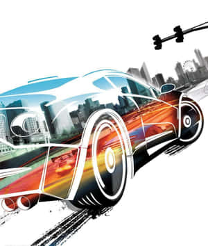 一輛風格化的跑車，帶有動態模糊和塗鴉元素，在城市中疾馳。