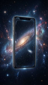 一部智能手機在星空宇宙背景上顯示螺旋星系