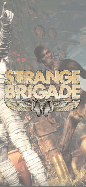 木乃伊和戰士在古埃及廢墟中，帶有 Strange Brigade 標誌。 — Realme C100i 壁紙
