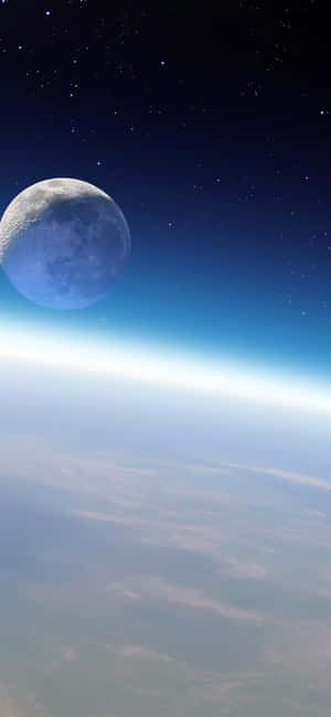 從太空看月亮和地球，夜空中有星星。
