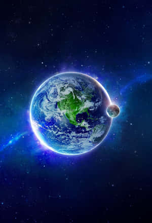 地球在太空中發光，伴隨著星星和一顆小月亮