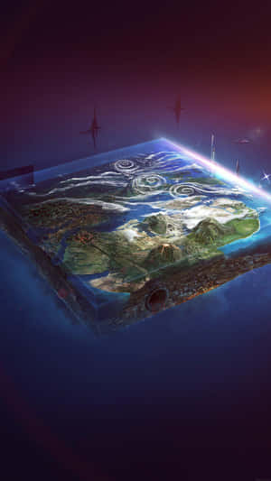 在太空中帶有發光能量圖案和未來主義結構的浮島。