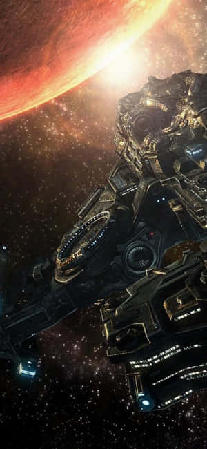 未來太空船在星空中的紅色行星附近漂浮。 — 太空 壁紙