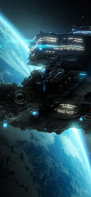 未來派太空船在夜間繞著藍色行星運行，發出光芒。 — Vivo S60 壁紙