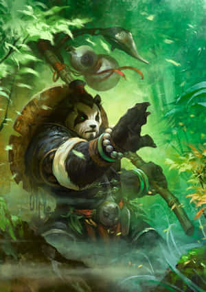 竹林中的熊貓戰士揮舞棍棒和盾牌，眼睛發光。