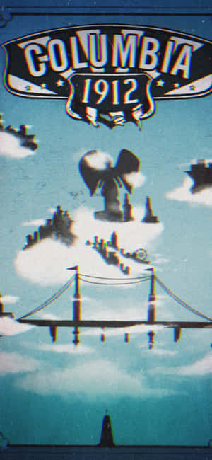 一座橋樑和一隻大鳥在雲層密佈的天空下方，標有Columbia 1912的浮島。