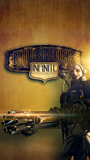 Bioshock Infinite士兵在金色紋理背景上手持多管武器。