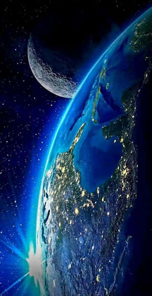 從太空看地球，城市燈光和新月映襯著星空。