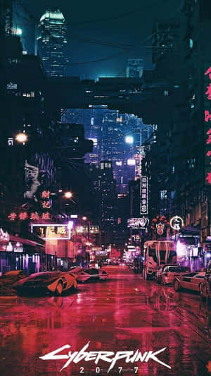夜晚濕透的賽博朋克街道，帶有霓虹燈和未來主義汽車。