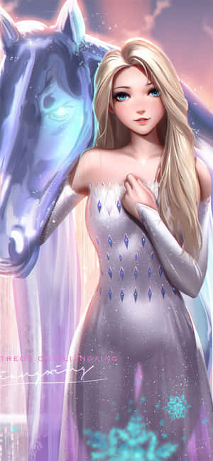 金髮女王身穿銀色長袍，與發光藍馬在魔法冬季場景中。