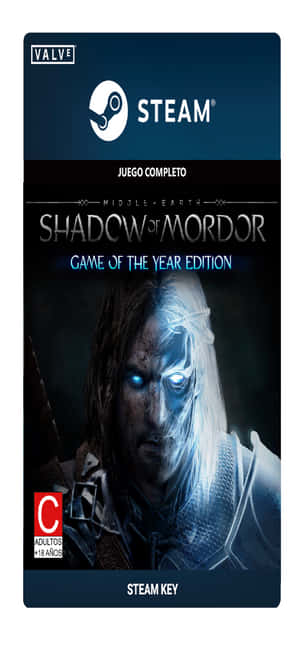 《Shadow of Mordor》的Steam遊戲封面，展示一位擁有發光藍色眼睛的戰士。 — Galaxy A55 壁紙