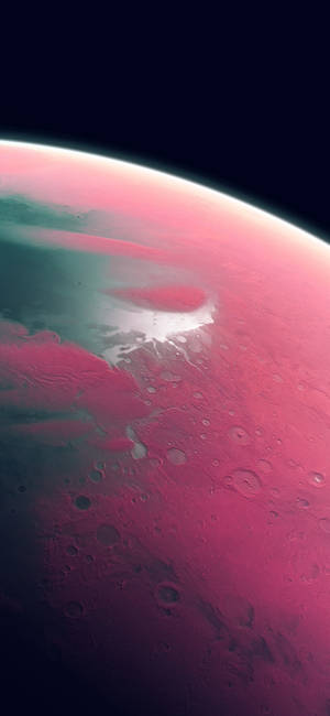 外星行星，表面粉紅色和藍綠色，太空中發光的大氣。