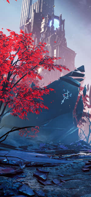月光下，破碎的未來建築前的紅楓樹。