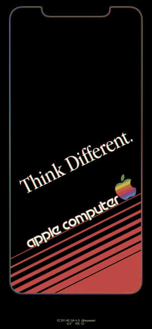 Apple Think Different 標語，帶有彩虹標誌和紅色條紋，黑色背景。