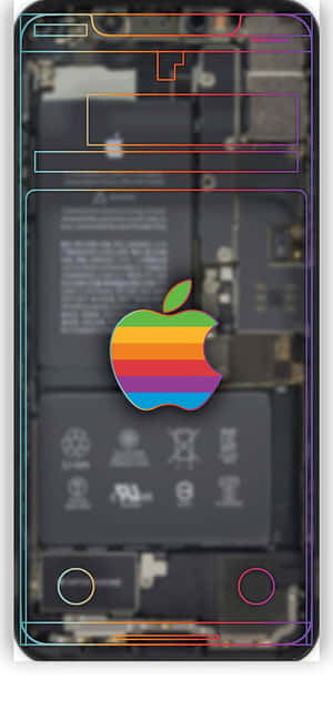 暴露的智能手機內部上的彩虹Apple標誌，帶有彩色電路輪廓。