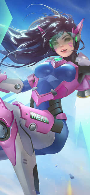 動漫角色穿著粉藍色機甲服在空中飛行
