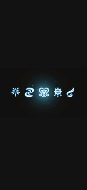五個發光的藍色抽象符號在黑暗中漂浮
