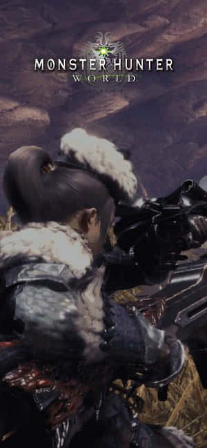 身穿毛皮盔甲的獵人在《Monster Hunter World》遊戲場景中瞄準武器。
