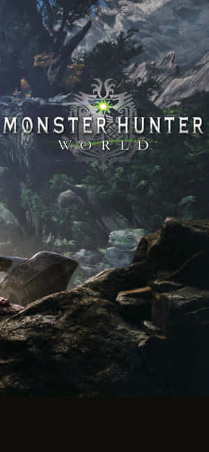 Monster Hunter World標誌覆蓋在黑暗森林與山脈景觀上。