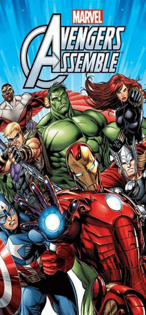 Marvel Avengers 團隊以漫畫風格動作姿勢，配以發光的斥力炮和盾牌。 — 復仇者聯盟 壁紙