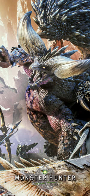 Monster Hunter 遊戲場景，岩石峽谷中有巨型怪物和獵人