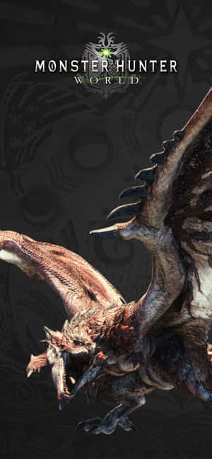 在Monster Hunter World遊戲藝術中，一隻兇猛的龍形怪物睜著發光的眼睛咆哮。