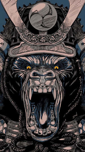 兇猛的大猩猩穿著武士盔甲，眼睛發光，正在咆哮。