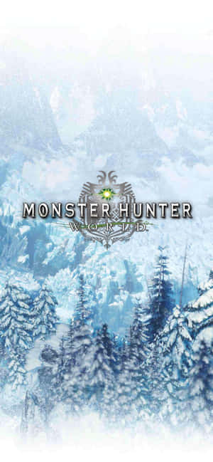 Monster Hunter World標誌在雪覆蓋的山地森林場景上方。
