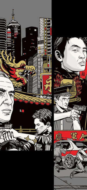 漫畫風格插圖，警察與龍和城市景觀一起行動。 — 拼貼 GIF 壁紙