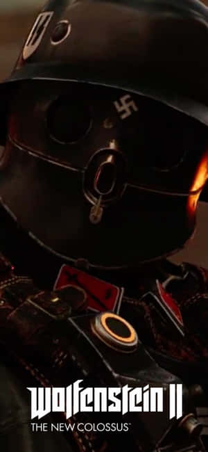 來自Wolfenstein II遊戲的納粹士兵，帶有發光橙色光芒和標題疊加。