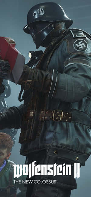 納粹士兵身穿二戰制服，在遊戲場景中手持紅色武器。