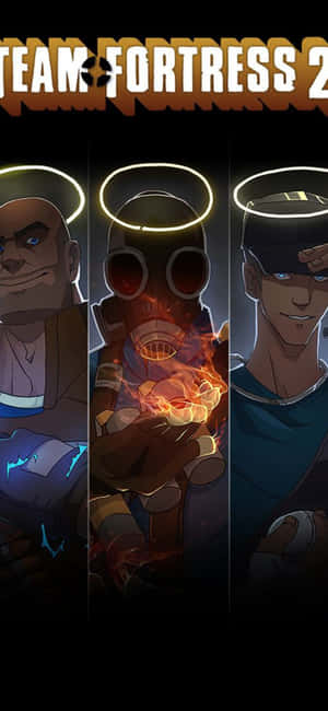三個帶有光環的 Team Fortress 2 角色，手部和武器發光。 — iPhone 17 Pro Max 壁紙