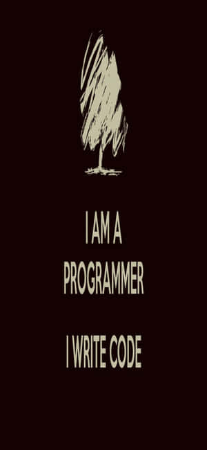 在深栗色背景上的樹木素描和文字 'I AM A PROGRAMMER I WRITE CODE'。