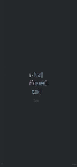 深灰色背景，帶有發光代碼文字，內容為 me equals Person while me awake me code
