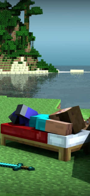 Minecraft角色在水邊的床上睡覺，背後有樹木懸崖。 — OnePlus 12 壁紙