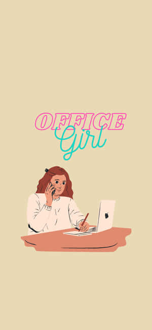 女士在辦公桌前打電話並用帶有Office Girl文字的筆記型電腦寫字