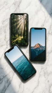 三部智能手機在大理石表面上顯示自然壁紙。