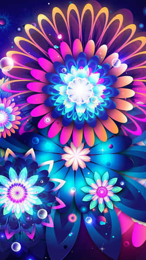 宇宙色彩的霓虹發光花朵，帶有漂浮球體和閃爍光芒。