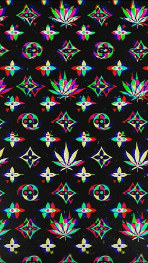 黑色背景，帶有色彩繽紛的迷幻大麻和幾何圖案。
