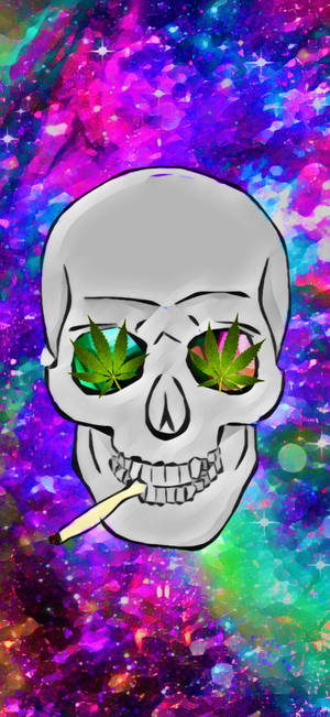 骷髏頭有葉子眼睛，在閃爍的宇宙背景下抽煙。