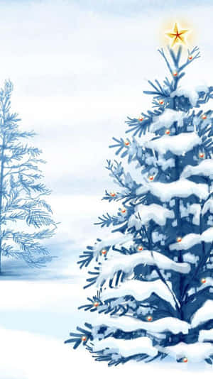 雪中聖誕樹，帶有發光的燈飾和星星的冬季場景。 — 聖誕節 iPhone 壁紙