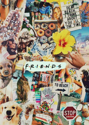 一幅色彩繽紛的拼貼畫，以 Friends 電視節目標誌慶祝海灘生活、朋友和冬甩。